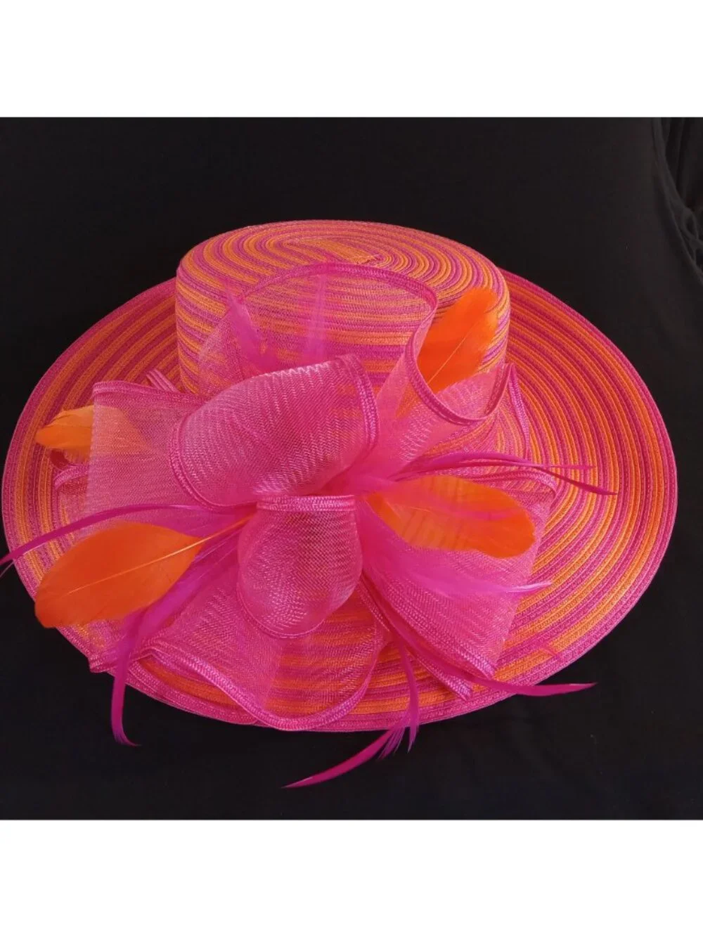 August Hat Company Women's Pink Orange Striped Wide Brim Hat Fascinator Feathers